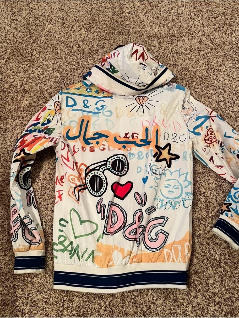 D&G White Multi-Color Graffiti-Print Hoodie Jacket
